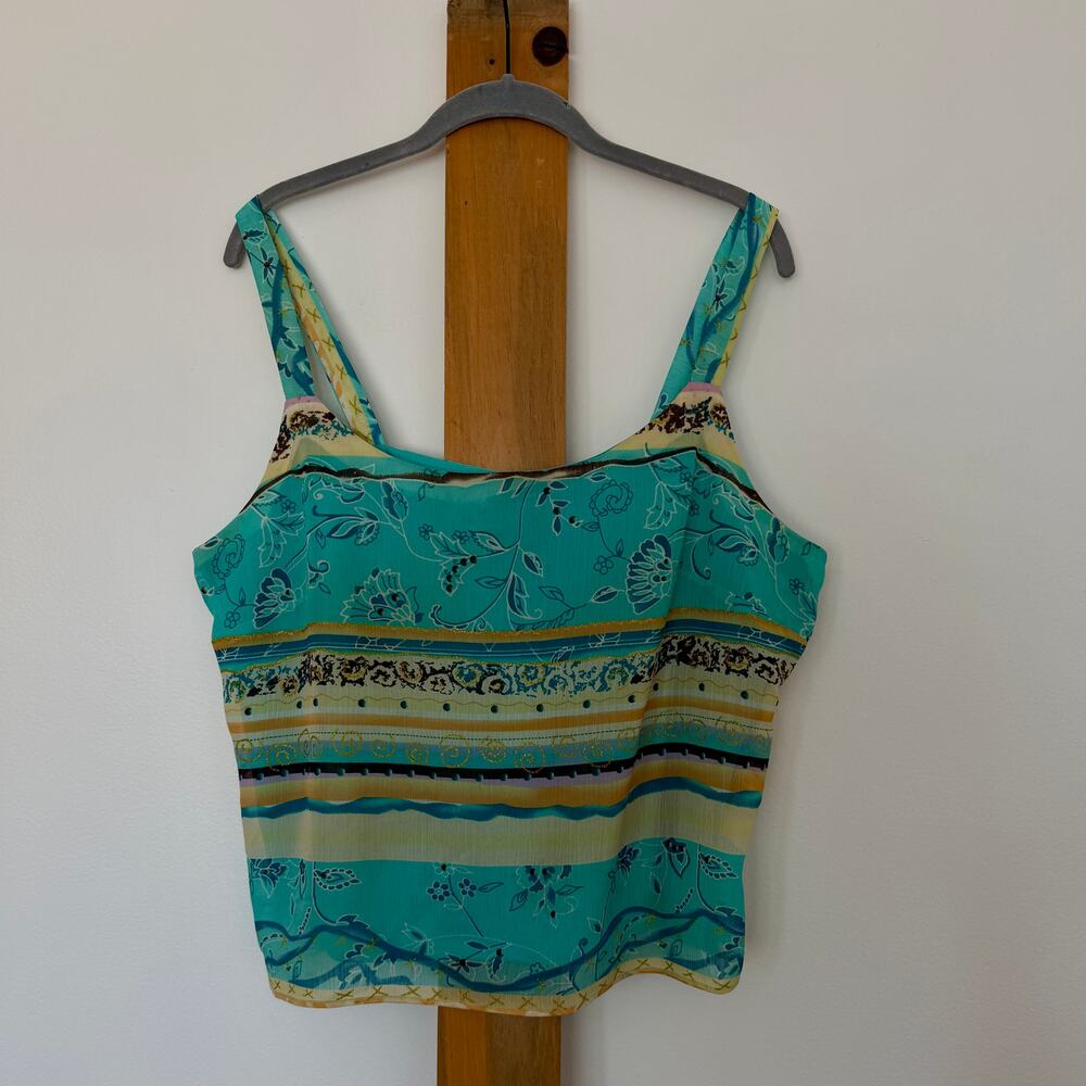 Y2K Turquoise Beachy Floral Boho Tank Top Gold Metallic Cami
